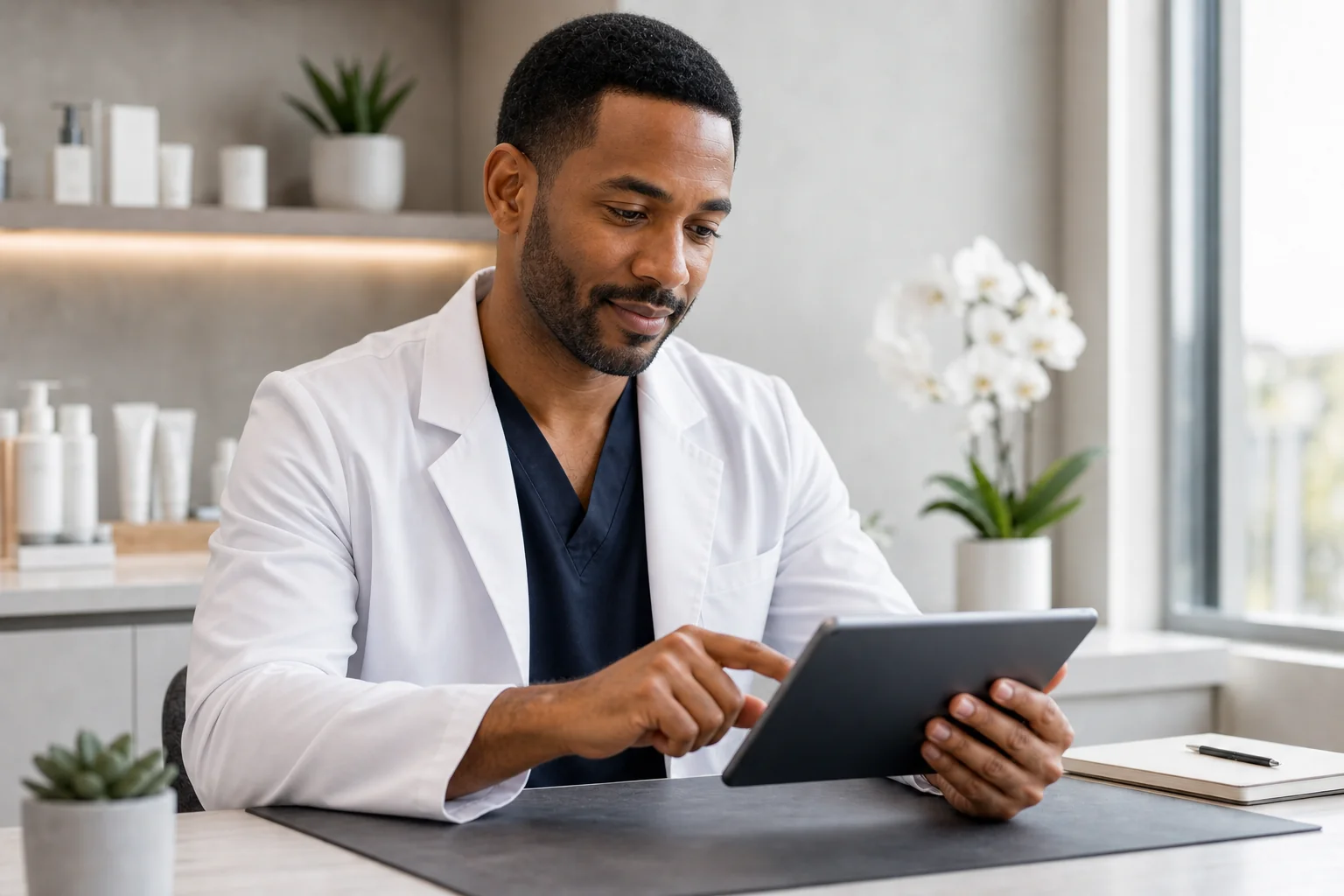 Aesthetic provider reviewing a prescription on a tablet